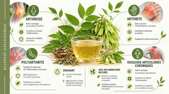 Infusion de feuilles de frêne et rhumatismes  illustration de son usage traditionnel en soutien du confort articulaire, notamment en cas d’arthrose, d’arthrite, de polyarthrite et de douleurs articulaires chroniques - Herboristerie Sensathé